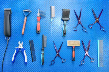 Exposition of pet grooming equipment isolated on blue background. Different devices for dogs and cats haircut, claw scissor, electric shaver for styling, comb for tangled fur. Beauty salon for animals