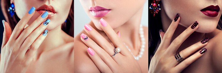 Nail art design. Three looks of woman with perfect make-up and manicure. Fashionable jewellery....