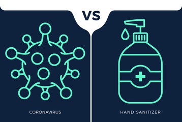 Banner hand sanitizer gel Antivirus vs or versus coronavirus concept protection covid-19 sign vector illustration. COVID-19 prevention design background.