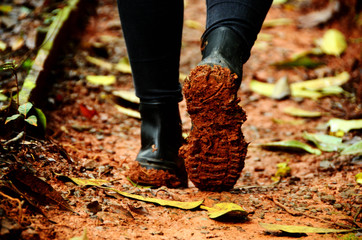 Dirty shoes walking on a path