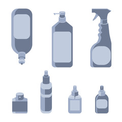 Sticker set mockup on white isolated backdrop. Antiseptic bottles for social banner, hygiene promotion, medical poster. Household goods store logo or info card. Minimal style stock vector illustration