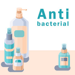 Antibacterial text on white backdrop. Antiseptic bottles set for social banner, hygiene promotion, medical poster, info card. Household goods store logo. Minimal style stock vector illustration