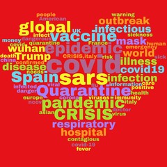 Word cloud tag related to coronavirus covid19 disease, for use in illustrations with a red background.