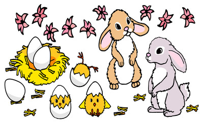 Easter mascot sticker set on white isolated backdrop. Jacinth flowers for invitation or gift card, notebook or bath tile. Phone case or cloth print art. Hand drawn style stock vector illustration