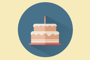 Flat birthday cake with one candle in a blue circle and isolated on background. Icon for birthday and celebration concept. Vector illustration in trendy flat and linear style