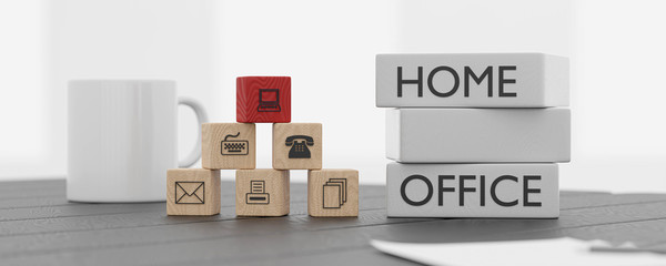 home office work from home concept with letters and wooden cubes illustration, next to cup of tea or coffee and sheets white background 3d render