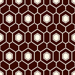 Contemporary honeycomb geometric pattern. Repeated hexagon ornament. Modern mosaic tiles background. Seamless surface abstract design. Geo wallpaper. Digital paper, textile print. Vector illustration