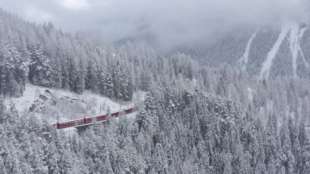 Aerial video of famous train of red color Glacier Express at winter, The train moves in the forest among trees, landmark of Switzerland, drone doesn't move