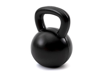 Obraz na płótnie Canvas Train with heavy weights, weightlifting exercising and build muscle through resistance training concept with a single black kettlebell isolated on white background with clipping path cutout