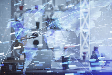 Double exposure of data theme drawing and office interior background. Concept of technology.