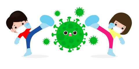 people fight with coronavirus (2019-nCoV), cartoon character man and woman attack COVID-19 ,children and Protection Against Viruses and Bacteria, Healthy lifestyle concept isolated on white background