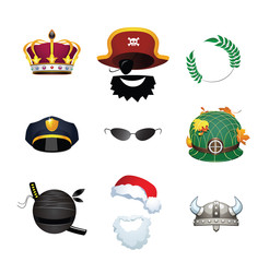 Vector set of different masks and costumes. Illustration of costumes of King, Pirate, Caesar, Police Officer, Secret Agent, Soldier, Ninja, Viking and Santa Claus.