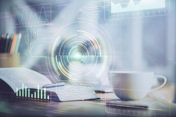 Multi exposure of technology theme drawing and desktop with coffee and items on table background. Concept of data research.