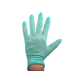 Green rubber glove on hand isolated on the white