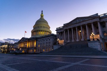 Washington Capitol at sunset with the lights on