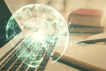 Double exposure of business theme drawing and desktop with coffee and items on table background....