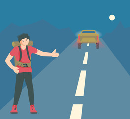 Hitchhiking travel concept.