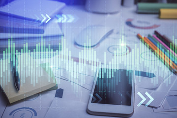 Double exposure of forex graph drawing and cell phone background. Concept of financial data analysis