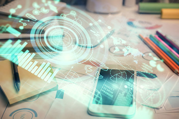 Double exposure of financial theme drawing and cell phone background. Concept of business