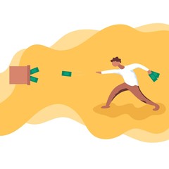 Freelance developer throws money at a target. Color vector illustration