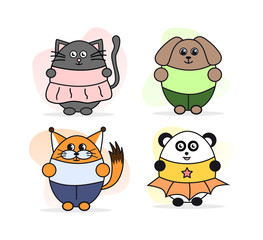 Illustration animals. On the image is presented cat, dog, squirrel, panda. Animals in clothes