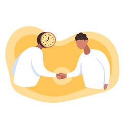 Freelance developer shaking hand to time manager. Color vector illustration