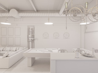 3d render of an one-room apartment in an industrial style