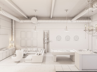 3d render of an one-room apartment in an industrial style. Illustration of interior design living room with loft decor