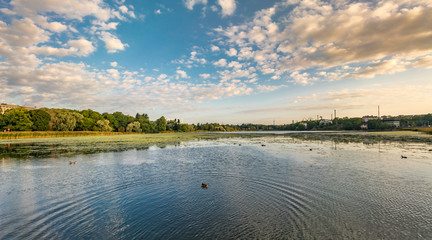 Panoramic early morning view of  South shore of Töölönlahti bay. Helsinki, Finland