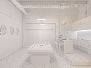 3d render of an one-room apartment in an industrial style. Illustration of interior design kitchen
