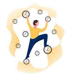 Freelance developer climbs the wall of the clock. Color vector illustration