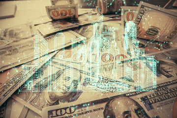 Double exposure of town drawing over usa dollars bill background. smart city concept.