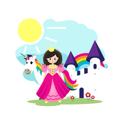 Princess, Unicorn and WHite Castle. vector illustration