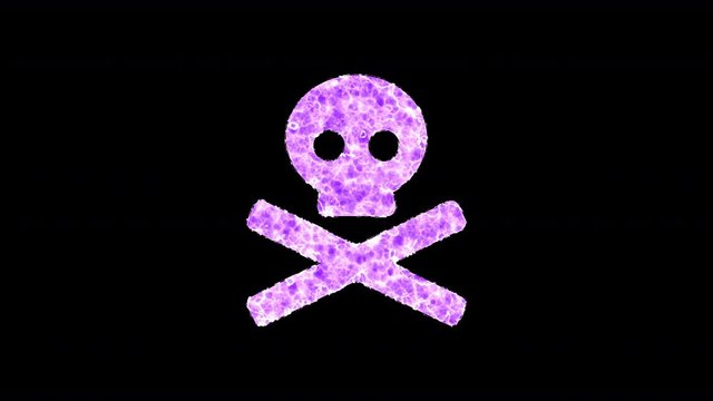 Symbol skull crossbones shimmers in three colors: Purple, Green, Pink. In - Out loop. Alpha channel Premultiplied - Matted with color black