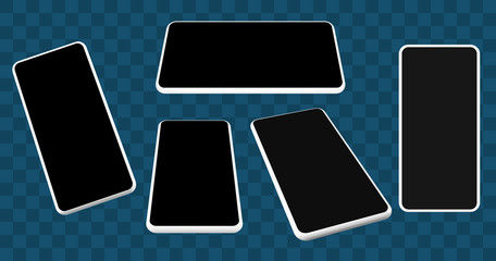 Realistic smartphones mockup at different angles for application and mobile website design presentation. Vector cellphone template.
