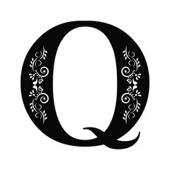 letter Q. Vintage black flower ornament initial letters.  Alphabet. Logo vector 
