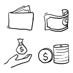 hand drawn Money, finance, banking outline doodle icons collection. Money line icons set vector illustration. Money bag, coins, credit card, wallet and more.isolated background