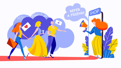Referral marketing concept, Refer A Friend loyalty program, promotion method. Group of women customers holding hands and walking out of extremely large smartphone. Colorful flat vector illustration