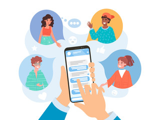 Refer a friend concept on social media with a businessman using a mobile phone app to refer a diverse selection of his friends in colored speech bubbles, vector illustration