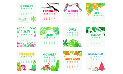 Calendar 2020, Month, New year calendar, Illustration vector, flowers