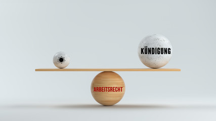 wooden scale balancing spheres with virus symbol and German words for CANCELLATION and LABOR LAW in front of white background