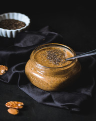 Nut butter with flax seeds and chia seeds. It has walnuts, almonds and pecans