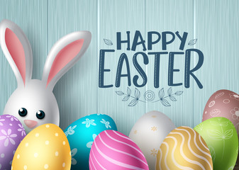 Happy easter vector background design. Happy easter text with colorful egg patterns and cute bunny rabbit in wood textured background for easter holiday celebration. Vector illustration. 