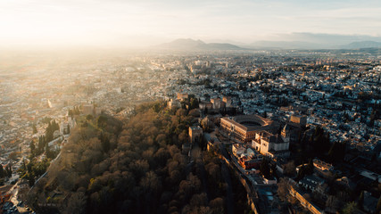 Famous spanish monument,the Alhambra palace aerial view.Fortress located Granada,Andalusia,Spain.UNESCO World Heritage Site in Spain.Arabic architectural attraction in Granada