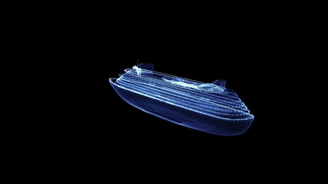 Hologram of a particle modern cruise liner. 3D animation of ocean ship on a black background with a seamless loop