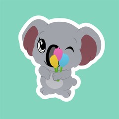 Stickers of Koala Close Their One Eye and Hold Tulips Cartoon, Cute Funny Character, Flat Design