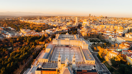 Aerial view of Madrid Royal Palace at sunset. Architecture and landmark of Madrid. Cityscape of...