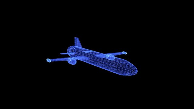 Hologram of rotating military drone. 3D animation of military air weapon system on a black background with a seamless loop