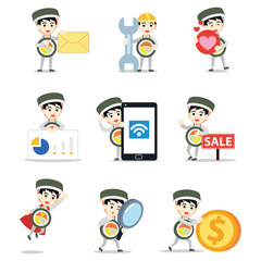 Set character of man in sushi roll costume with happy face expression.