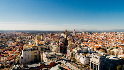 Aerial view of Calle de Alcala and Calle Gran Via.Panoramic aerial view of Gran Via, main shopping street in Madrid, capital of Spain, Europe.Tourist attraction and most famous street.